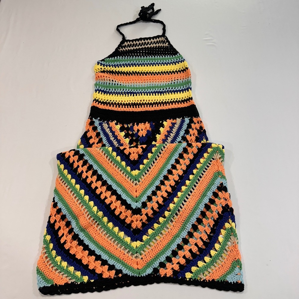 Fashion Nova Crochet Halter Maxi Dress Womens Medium Multi-Color Boho | Festival
